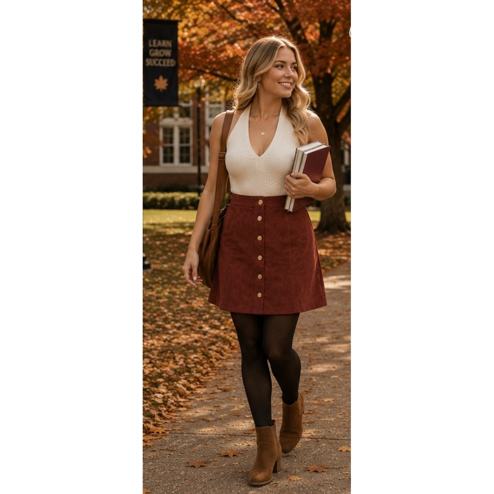 NWT Women's XL Burgundy Maroon A-Line Mini Skirt High Waist Gold Button Front - Picture 16 of 16